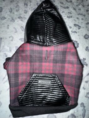 Frenchie Black Quilted with Red Plaid Hooded Dog Coat